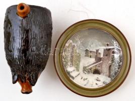 Dekoratív kerámia malac, jelzett, apró kopásokkal, m: 11,5 cm + Schramberg látképes porcelán falitán...