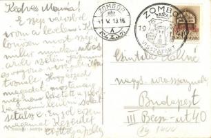 Zombor, Sombor; Zeljeznicka Stanica / Bahnhof / vasútállomás, automobilok, vonat, repülőgép. Kiadja ...