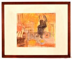 Szabados Jenő (1911-1942): Magányosan a teraszon. Vegyes technika, papír, jelzett, üvegezett keretbe...