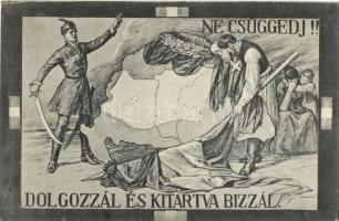 Ne csüggedj! Dolgozzál és kitartva bízzál! kiadja Magyarország Területi Épségének Védelmi Ligája / Hungarian irredenta art postcard s: Sándor B.