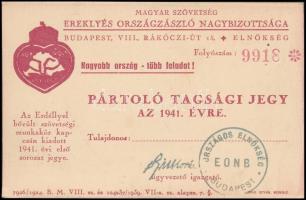 1941 Magyar Szövetség Ereklyés Országzászló Nagybizottsága pártoló tagsági jegy