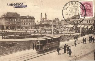 Szabadka, Subotica; Szent István tér, villamos, üzletek. Kiadja Heumann Mór / square, tram, shops + 1941 Szabadka visszatért So. Stpl.