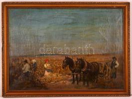 Bihari jelzéssel: Lovaskocsi érkezett. Olaj, vászon, festék kopásokkal, keretben, 50×70 cm