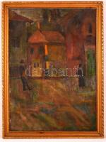Boromisza jelzéssel: Utca részlet. Olaj, karton (foltos), festék hibákkal, keretben, 77×53 cm