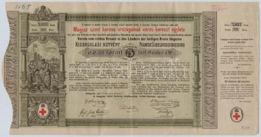 Budapest 1882. Magyar szent korona országainak vörös-kereszt egylete kisorsolási kötvénye 5Ft értékben + 1886. Egyházi Műemlék Alap Sorsjegykölcsönök 5Ft-ról a budapest-lipótvárosi bazilika kiépítésére s egyházi műemlékek fenntartására T:III