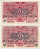 1916. 1K (5x) sorszámkövetők, mind zöld, vízszíntes "DEUTSCHÖSTERREICH" felülbélyegzéssel ...