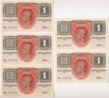 1916. 1K (5x) sorszámkövetők, mind zöld, vízszíntes "DEUTSCHÖSTERREICH" felülbélyegzéssel ...