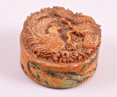 Sárkányt  és kakast ábrázoló, régi kínai fa pecsétnyomó, kézzel festett díszítéssel  / Antique Chinese seal maker with dragon and cock figures. Made of wood, with hand painted image. d:5,5 cm