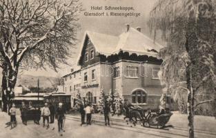 Podgórzyn, Giersdorf (Riesengebirge, Krkonose); Hotel Schneekoppe / hotel, winter sport, horse drawn sleds, tram, skiing people