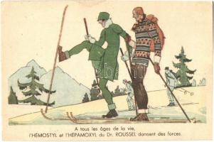 A tous les ages de la vie. LHémostyl et lHépamoxyl du Dr. Roussel donnent des forces / Winter sport art postcard with skiing couple. French medicine advertisement (EK)