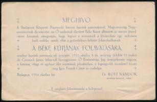 1916 Budapest A Központi Papnevelő Intézet józsefvárosi telephelyén felavatott, majd az V, kerületbe áthelyezett Béke / Pálos kút avatására szóló meghívó. Kis gyűrődések.