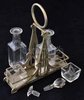 Szecessziós fém olaj-ecet tartó, üveg betétekkel, csorbákkal, sérüléssel, kopásnyomokkal, 19x21 cm