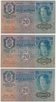 1913. 20K (3x) vízszintes piros "DEUTSCHÖSTERREICH" felülbélyegzéssel T:III közte szép pap...