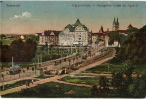 Temesvár, Timisoara; Gyárváros, Hungária fürdő és Liget út, villamosok / Fabrica, spa hall, bathing house, street view, trams (fl)