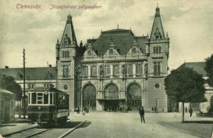 Temesvár, Timisoara; Józsefvárosi pályaudvar, vasútállomás, villamos. Kiadja Gerő Manó / Bahnhof / Iosefin railway station, tram