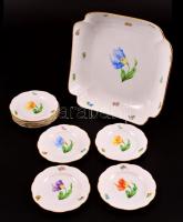 Herendi Kitty mintás tál és 8 db mini tányér, kézzel festett, jelzett, apró kopásnyomokkal, d: 12,5 cm (8×) és 26×26 cm