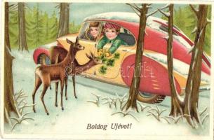 3 db RÉGI újévi üdvözlőlap autóval, tankkal és repülőgéppel / 3 pre-1945 New Year greeting art postcards with automobile, tank and aircraft