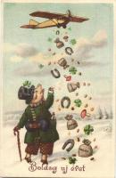 3 db RÉGI újévi üdvözlőlap autóval, tankkal és repülőgéppel / 3 pre-1945 New Year greeting art postc...