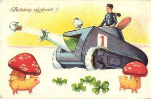 3 db RÉGI újévi üdvözlőlap autóval, tankkal és repülőgéppel / 3 pre-1945 New Year greeting art postc...