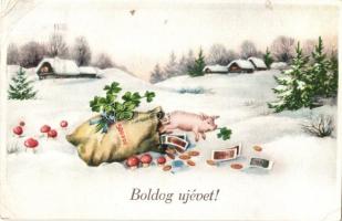 3 db RÉGI újévi üdvözlőlap virággal, malaccal és repülőgéppel / 3 pre-1945 New Year greeting art pos...