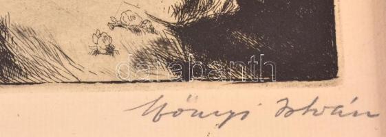 Szőnyi István (1894-1960): Gyász. Rézkarc, papír, jelzett, üvegezett keretben, 13×9 cm