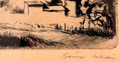 Szőnyi István (1894-1960): Gyártelep. Rézkarc, papír, jelzett, üvegezett keretben, 16×21 cm