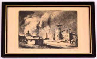 Szőnyi István (1894-1960): Gyártelep. Rézkarc, papír, jelzett, üvegezett keretben, 16×21 cm