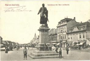 1913 Marosvásárhely, Targu Mures; Széchenyi tér, Bem szobor, üzletek, piaci árusok, cipő raktár. Kiadja Porjes S. Sándor 4. sz. / square, statue, market vendors, shops, shoe warehouse