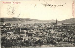 1908 Medgyes, Mediasch, Medias; látkép, templomok. Kiadja Fritz Guggenberger / general view, churches