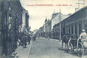 1911 Csíkszereda, Miercurea Ciuc; Apaffy Mihály utca, szekér, üzletek. Kiadja Szvoboda Miklós / street view, horse cart, horse-drawn carriage, shops