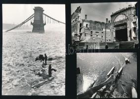 cca 1946 Budapest, 3 db vintage fotó a felrobbantott Lánchídról, valamint a Nemzeti Színház bontásár...
