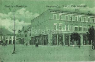 Beszterce, Bistritz, Bistrita; Hauptplatz / Piata principala / Fő tér, Beszterce Vidéki Takarékpénztár, Kollmann és Keresztes üzlete / main square, savings bank, shops (fl)