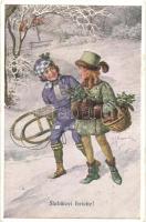 Sarbatori fericite / Happy Holidays greeting card, winter sport, girls with sled (EK)