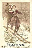 Veselé Vánoce / Christmas greeting card, winter sport, skiing, litho (EK)