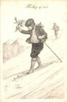Boldog Újévet / New Year greeting card, winter sport, skiing s: R. Kratki (EK)