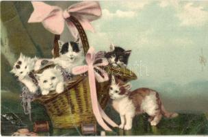 Cats in a basket. litho