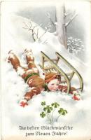 Die besten Glückwünsche zum Neuen Jahre / New Year greeting card, boy with sled in the snow, clovers, winter sport (fa)