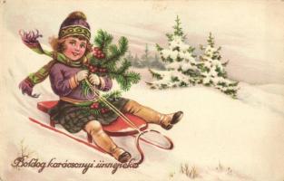 Boldog Karácsonyi Ünnepeket / Christmas greeting card, girl with sled in the snow, winter sport