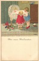 Das neue Brüderchen / Children art postcard. M. Munk Wien Nr. 878. litho s: Pauli Ebner