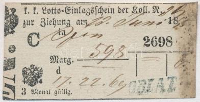 Buda (Ofen) 1869. Lottójegy, bélyegzéssel T:II fo. Hungary / Buda (Ofen) 1869. Lottery ticket with overprint C:XF spotted