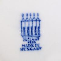 Zsolnay kék csíkos porcelán tányér (7 db) + bögre (1 db), jelzett, kopásnyomokkal