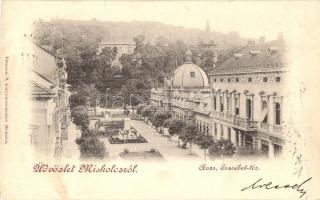 1899 Miskolc, Avas, Erzsébet tér, üzletek, Kossuth szobor. Kiadja Ferenczi B. (fa)