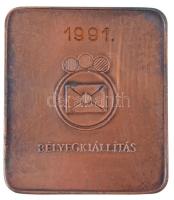 1991. Magyar Bélyeggyűjtők Országos Szövetsége - Budapest / Bélyegkiállítás 2kr-os, levélboríték rajzú bélyeget ábrázoló Br plakett, hátoldalon gravírozva (40,5x46,5mm) T:2