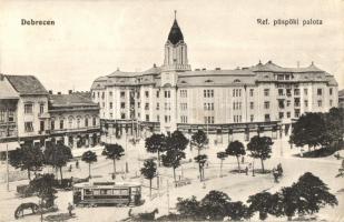 Debrecen, Református püspöki palota, villamos, Bernfeld Sámuel üzlete, lovaskocsi