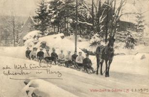 1909 Winter-Sport in Schierke i. H. / people on sleds drawn by a horse, winter sport (EK)