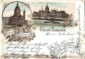 1897 (Vorläufer!) Budapest, Parlament, Országház, Bazilika, lóvasút. Louis Glaser Art Nouveau, floral, litho (vágott / cut)