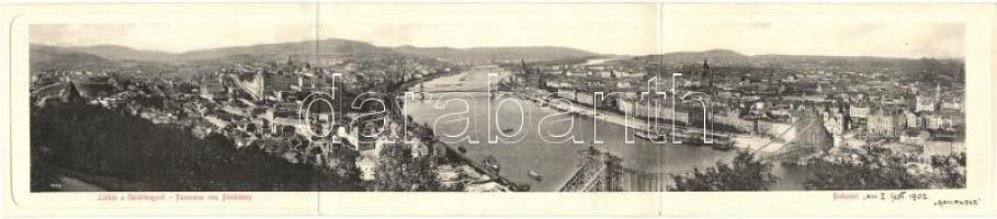 Budapest XI. látkép a Gellérthegyről. kihajtható 3-részes panorámalap, Lánchíd, Margit híd, felállványozott, épülő Erzsébet híd / foldable 3-tiled panoramacard