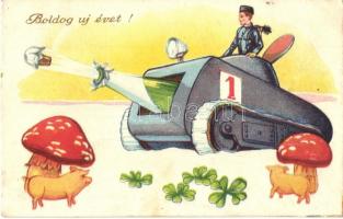 Boldog új évet! / New Year greeting art postcard with chimney sweeper in a tank, clovers, pigs, mushrooms (EB)