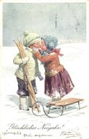 Glückliches Neujahr! / New Year greeting art postcard with children, winter sport, ski and sled. B.K.W.I. 2783-6. s: Feiertag (fl)