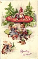 Boldog új évet! / New Year greeting art postcard with dwarves and mushroom. litho (EK)